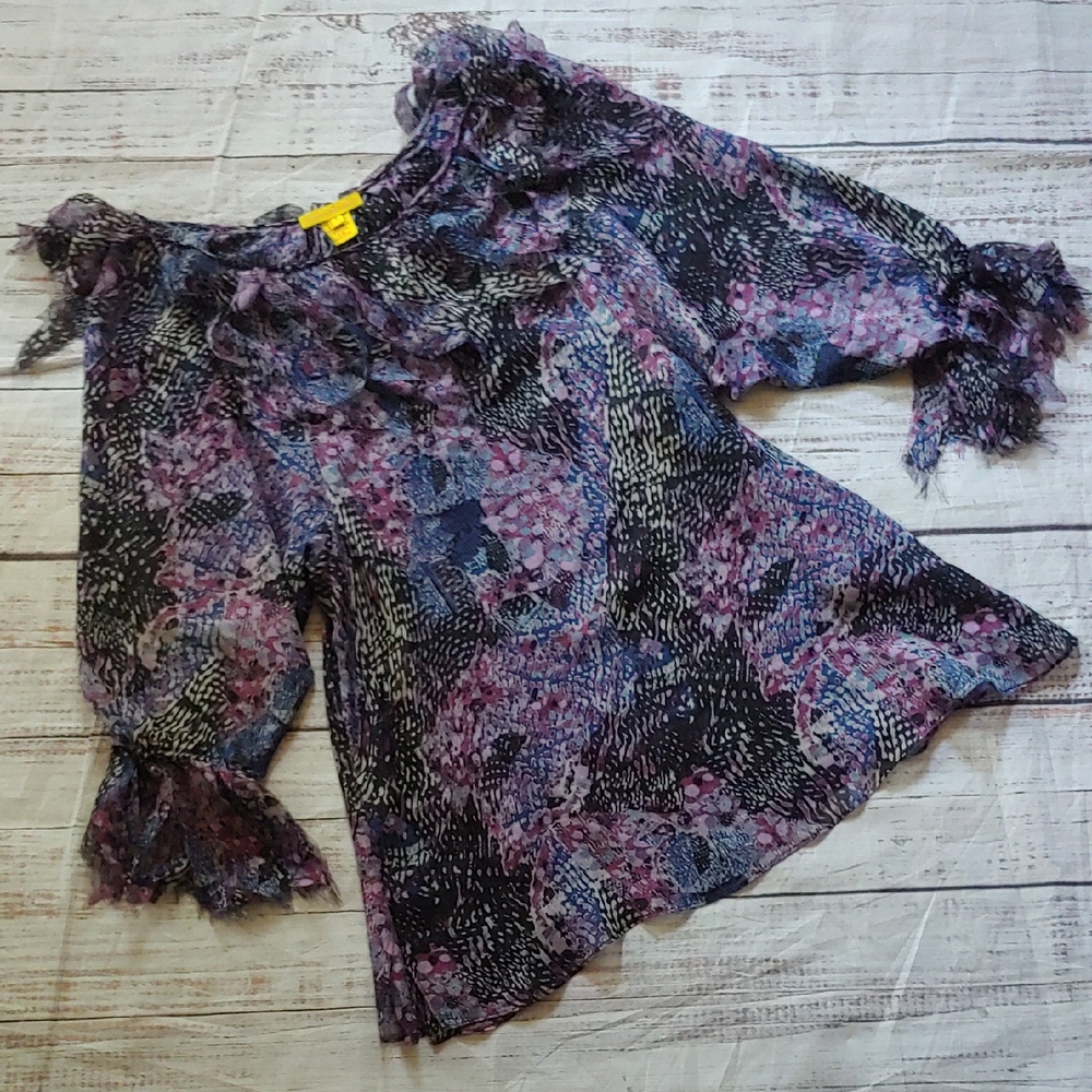 Catherine‎ Malandrino Multicolor Silk Blouse With Fringed Trim